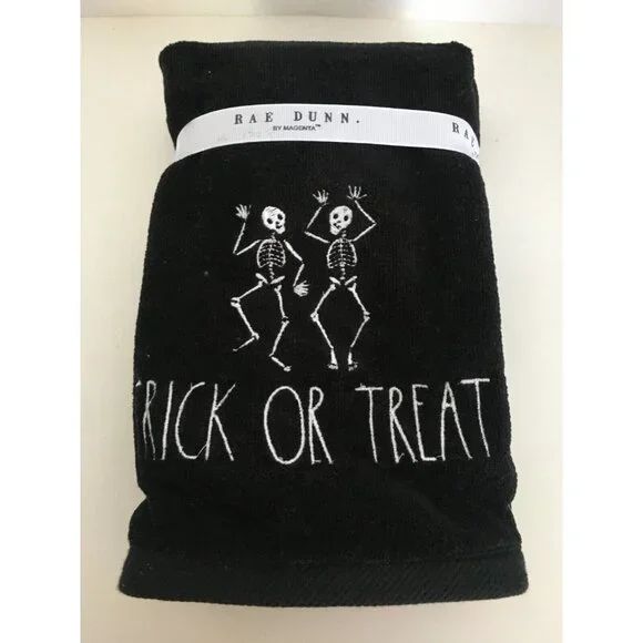 Rae Dunn Halloween Hand Towels Set of 2 Skeleton Trick or Treat Black 16 x 30 in - Picture 4 of 4